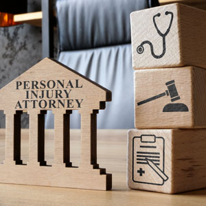 Wooden blocks with symbols representing healthcare, legal justice, and a personal injury attorney sign.